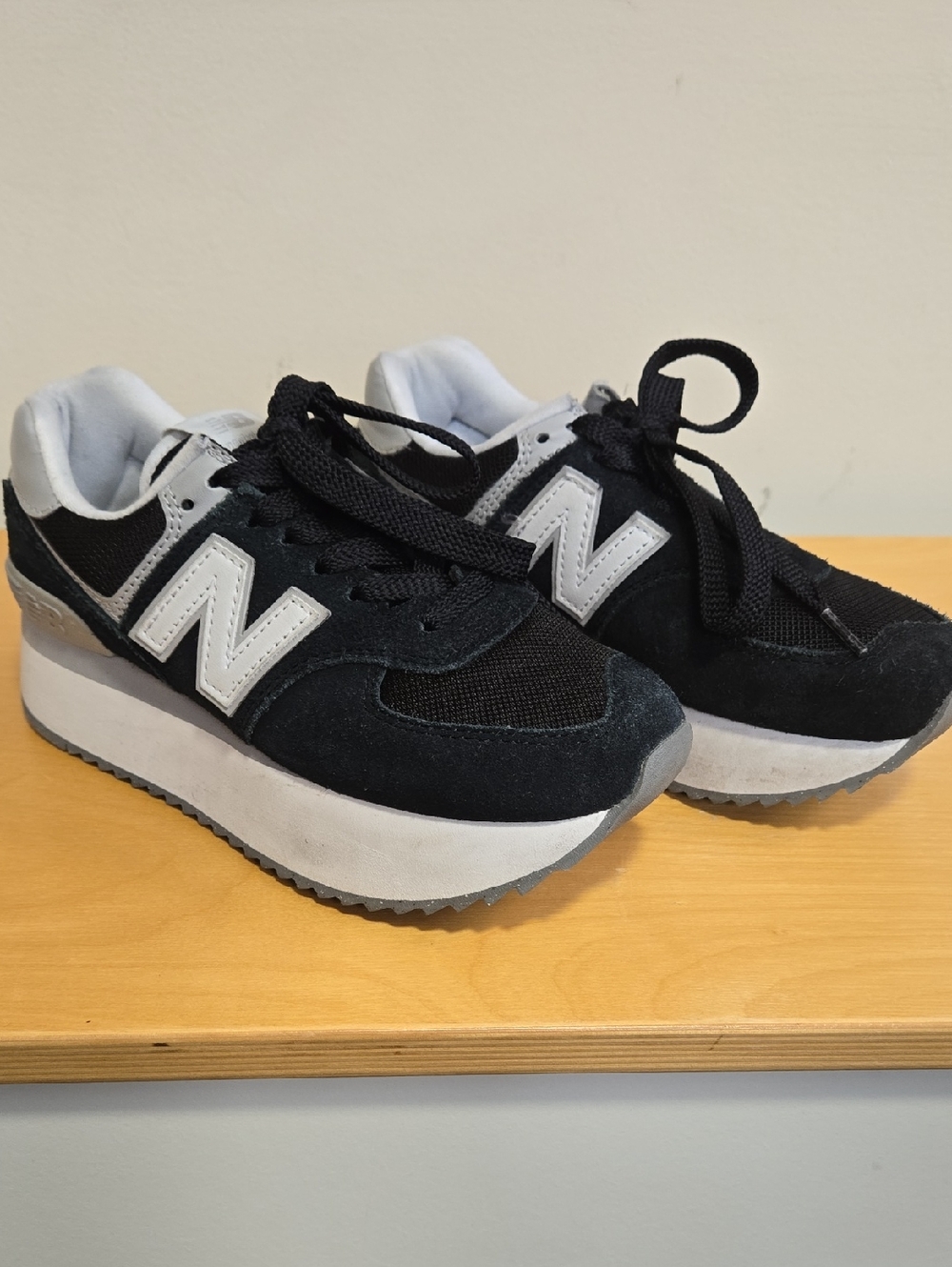 New Balance 574 Black and White Platform Sneakers